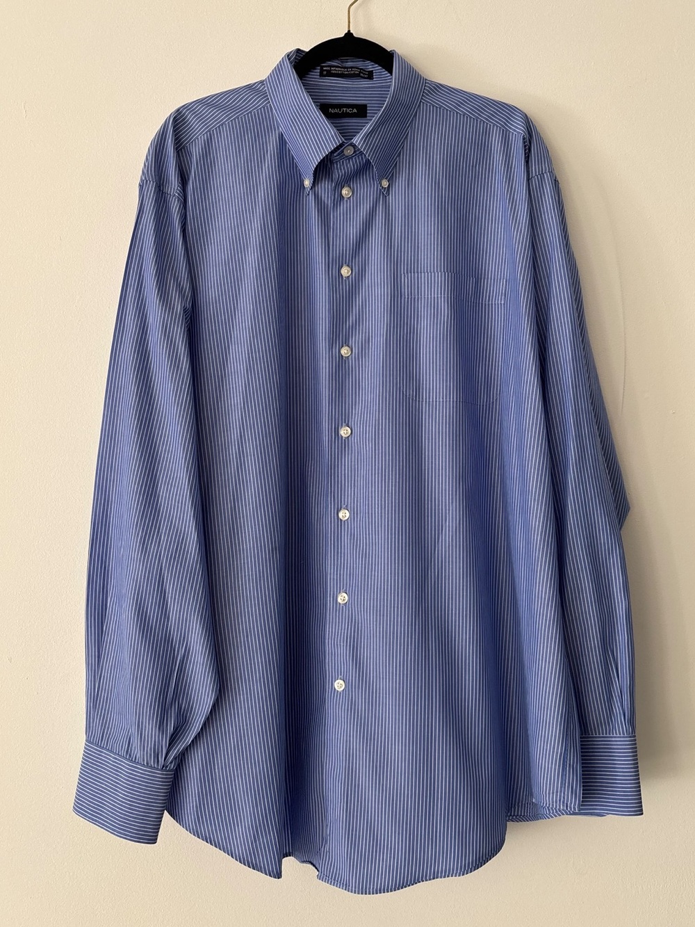 Nautica Mens Dress Shirt 17 36/37 Button Down Blue White Pinstripe 100% Cotton